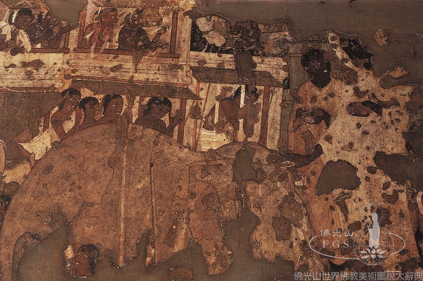 Ajanta Cave 17: Life of the Buddha - Calming the Drunken Elephant